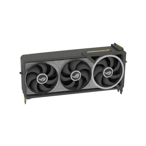 Modelo 3D de uma placa gráfica ASUS ROG Strix GeForce RTX 4090 com três ventoinhas pretas e cobertura cinza.