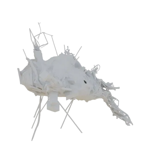 A detailed 3D model of an abstract sculpture, appearing deconstructed with sharp angles and organic, twisted forms, rendered
