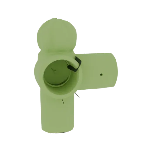 3D model of a green pipe connector with a rounded cap, showing its cylindrical body and perpendicular outlet.