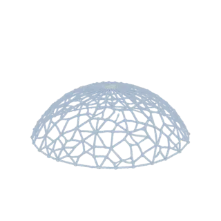 3D-Modell einer geodätischen Kuppelstruktur mit einem hellblauen Design aus miteinander verbundenen Dreieckselementen.