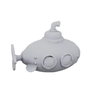 A 3D model render of a cute, cartoon-style submarine with a rounded body, large circular portholes, and a propeller.