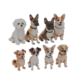3D Model: Set of 8 various dog breed figurines in sitting pose, with detailed fur texture