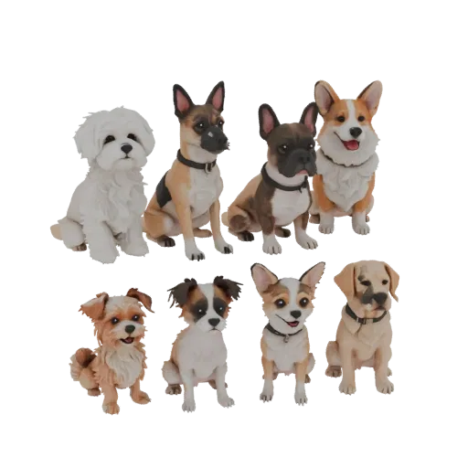 3D Model: Set of 8 various dog breed figurines in sitting pose, with detailed fur texture