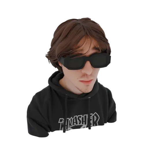 Modelo 3D de um jovem com cabelo castanho, usando óculos de sol pretos e moletom preto Thrasher, olhando ligeiramente para o