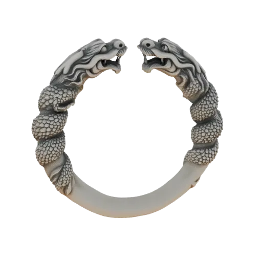 Modèle 3D d'un bracelet avec deux têtes de dragon détaillées comme fermoir, se faisant face avec des écailles s'enroulant aut