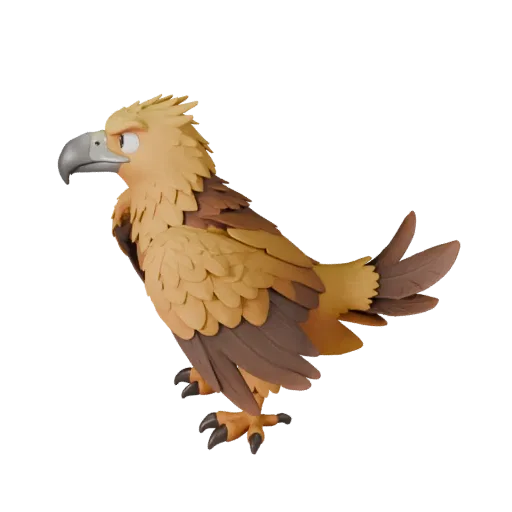 Modelo 3D de águila real caricaturizada, render de vida silvestre en vista lateral, asset de animal estilizado con ruptura de