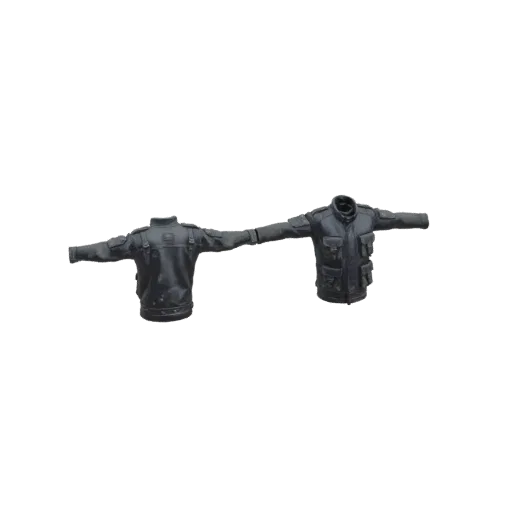 Modelo 3D de uma jaqueta tática preta em pose T, vista frontal.