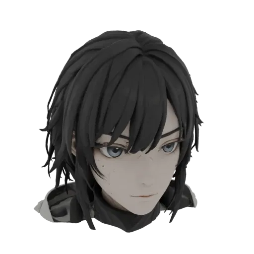 3D render of an anime girl's head bust with dark hair and blue eyes, presented on a black background.