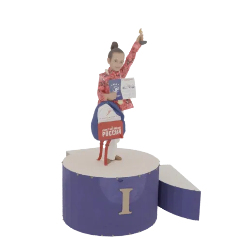 3D model of a young champion girl in a red jacket holding a trophy and certificate on a podium.