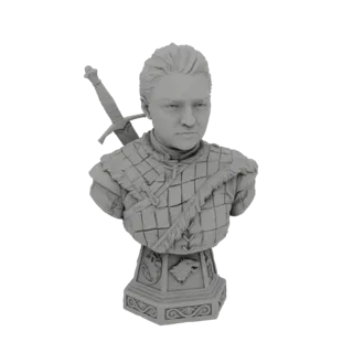 3D-Modell der Büste von Arya Stark aus Game of Thrones mit entschlossenem Gesichtsausdruck, gesteppter Rüstung und Schwert.