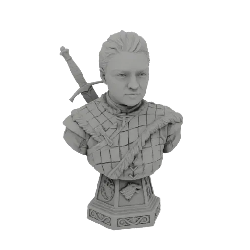 3D model bust of Arya Stark from Game of Thrones, featuring her determined expression, quilted armor, and sword.