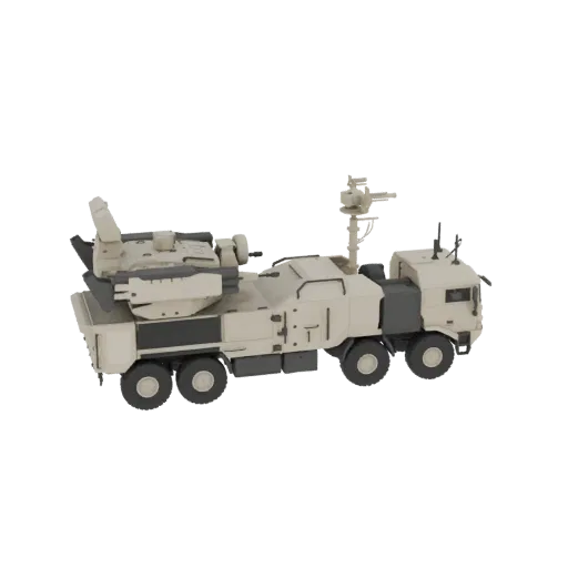 3D model of a tan-colored mobile air defense system truck with a turret and radar, set against a black background.