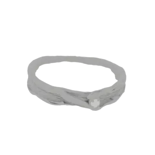 A 3D render of a textured silver ring with a small, clear gemstone set in the center, presented on a white background.