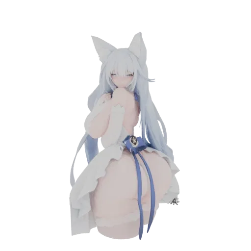 3D-Modell eines Anime-Fuchs-Mädchens mit hellblauen Haaren, das ein weißes Kleid mit blauem Band in einer anmutigen Pose träg
