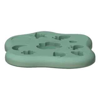3D model of a light green silicone mold with cavities shaped like clouds, stars, and a crescent moon, set against a black bac
