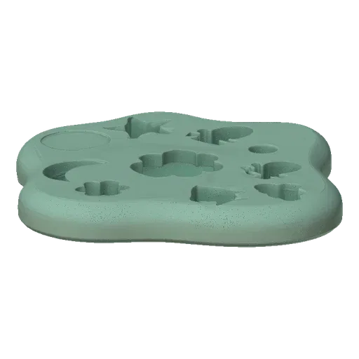 3D model of a light green silicone mold with cavities shaped like clouds, stars, and a crescent moon, set against a black bac
