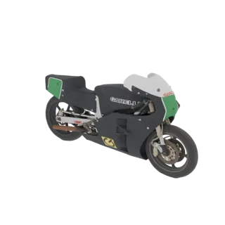 3D model of a vintage Garelli racing motorcycle with a black, green, and white color scheme, shown from a three-quarter front