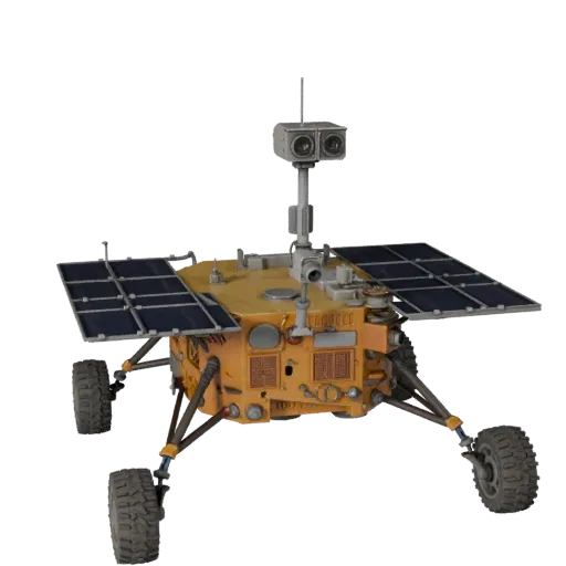 Lunar Style Lander 3D model, three-quarter front view, Unity viewport, showing dusty wheels, vehicle stance.
