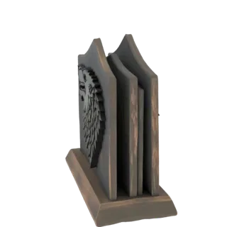 3D model of a wooden coaster holder with a carved wolf emblem on the side, set against a white background.