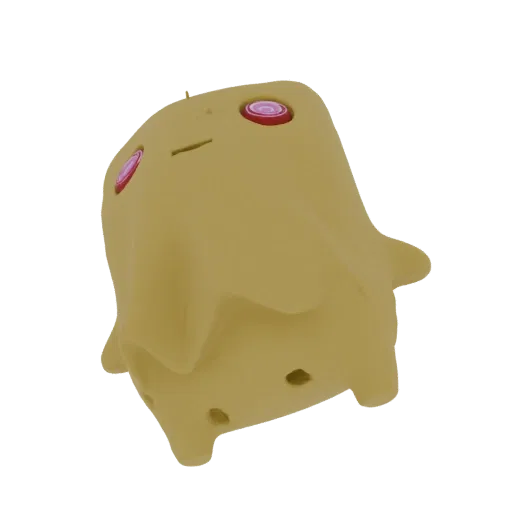 A 3D render of a cute, yellow blob monster with large, swirling pink eyes against a black background.