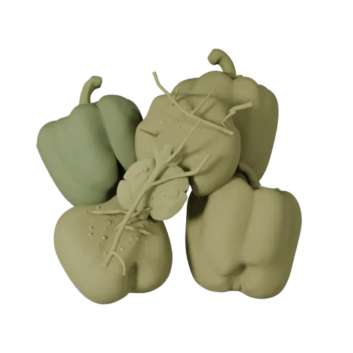 Market Bell Pepper Stylized 3D model, stylized isometric render, showing leaf veins, clear vegetable silhouettes.