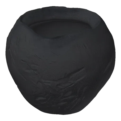 A 3D render of a cracked black orb pot with a rough, textured surface and an open top, set against a black background.