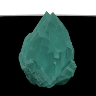 3D model of a teal crystalline geode sculpture with sharp facets and a rough rocky base, set against a black background.