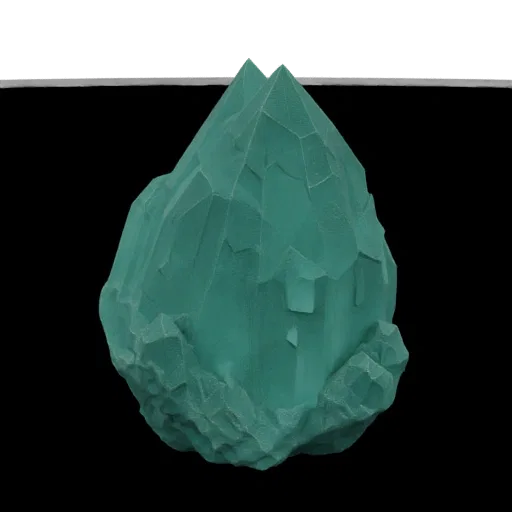 3D model of a teal crystalline geode sculpture with sharp facets and a rough rocky base, set against a black background.