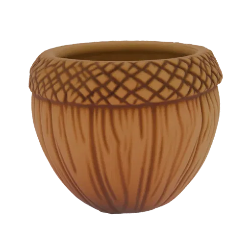 3D model of a brown acorn-shaped pot planter with a textured cap and ribbed body, isolated on a white background.