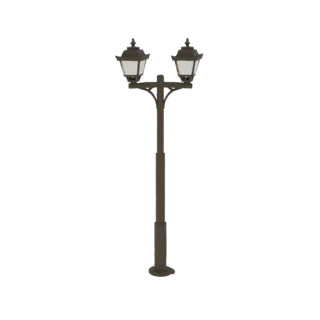 3D model of an ornate double lamp post with two decorative lamps on a tall, dark pole, set against a white background.
