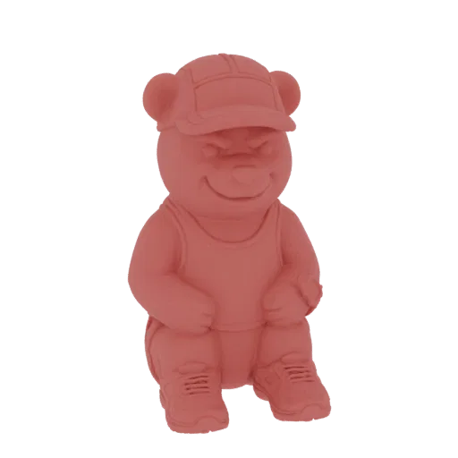 3D model of a cute, pink bear wearing a baseball cap, tank top, and sneakers, sitting with a friendly smile.