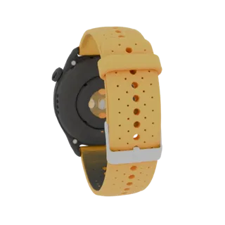Back view of a smartwatch with a yellow perforated strap and black casing, showing sensor details.