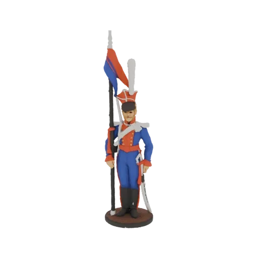 3D model of a French Imperial Guard Drummer in a blue uniform with a red sash, holding a flag and drumstick, on a circular ba