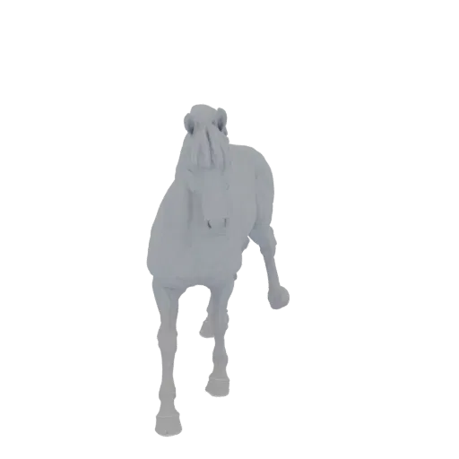 Un modèle 3D de cheval gris capturé dans une pose dynamique de galop, vu de face.
