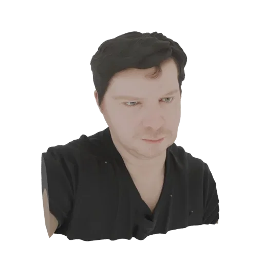 3D model of a man with dark hair wearing a black shirt, looking down with a thoughtful expression.