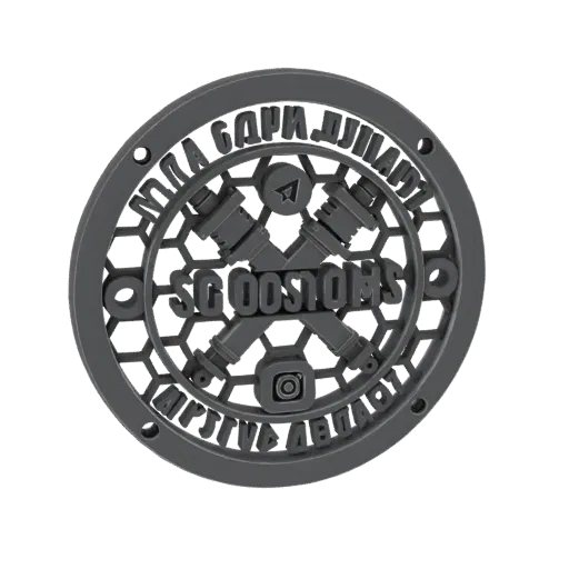 Rendu 3D de l'emblème SG Customs avec bougies d'allumage croisées, maille hexagonale et texte circulaire dans une finition mé