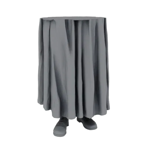 3D model of a grey tablecloth with human legs and shoes visible underneath, against a white background.