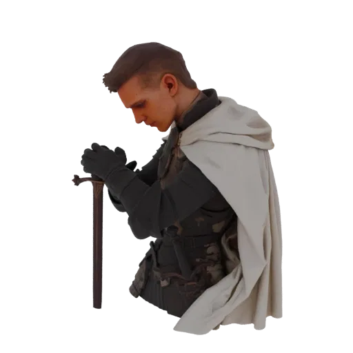 3D model of a knight in dark armor and a white cape, kneeling with hands clasped over a sword.