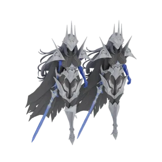 Modèle 3D de deux chevaliers fantastiques identiques en armure d'argent, tenant des épées bleues lumineuses, avec des capes s
