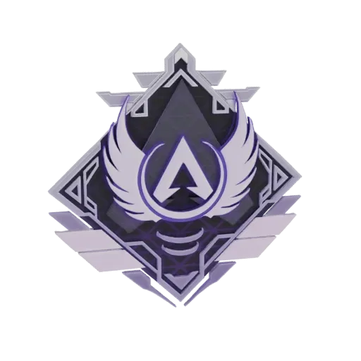 3D model render of the Apex Legends emblem, featuring a stylized 'A' logo with wings, in shades of purple and silver.