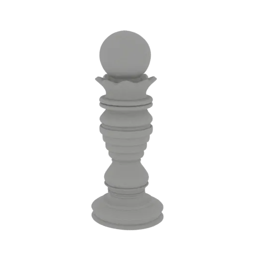 Un modello 3D di un pedone scacchi classico, renderizzato in grigio neutro, su sfondo bianco.