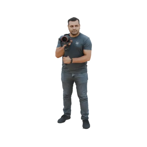 3D model of a man in a grey t-shirt and jeans, holding a black camera gimbal stabilizer with both hands.