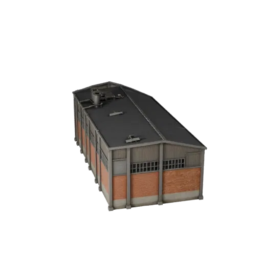 Factory Building printable STL 3D model, isometric display view, showing industrial building materials and architectural detail