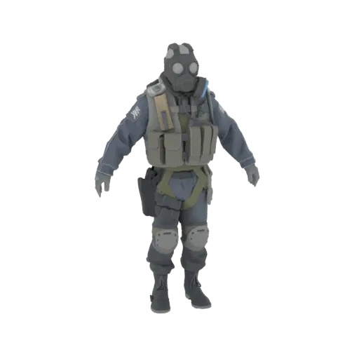 3D model of a tactical soldier wearing a gas mask and tactical gear, standing in a neutral pose against a black background.