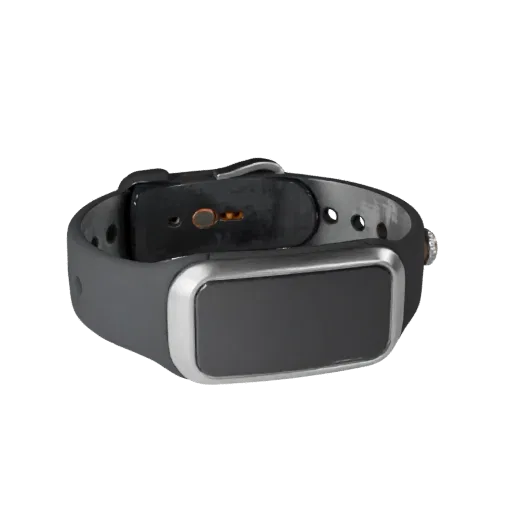 Luxury Fitness Band 3D model, three-quarter front view, Unity viewport, showing silicone, wearable fit.