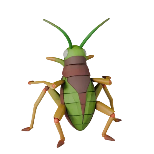 Modelo 3D de saltamontes, vista lateral de cámara de juego, asset de animal listo para Unity con colocación de antenas, panel