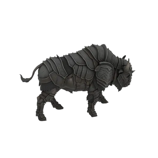 Modèle 3D d'un bison portant une armure sombre et segmentée, marchant vers l'avant avec une expression déterminée.