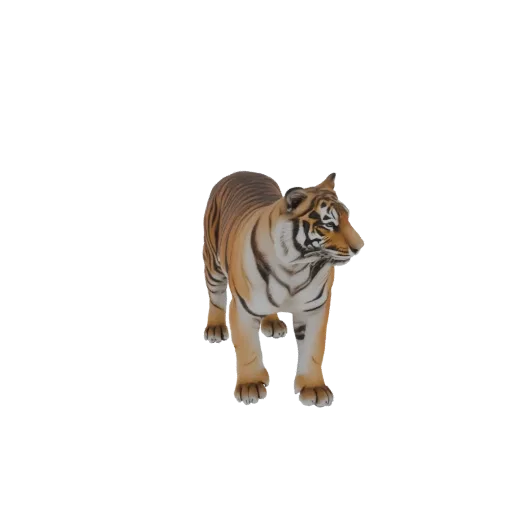 A 3D model of a tiger standing, with detailed fur patterns and a powerful stance.
