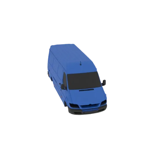 A 3D render of a blue panel van, viewed from a high angle, against a black background.