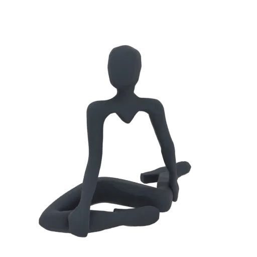 A 3D model of a minimalist, abstract human figure sitting in a meditative pose, rendered in a matte gray.